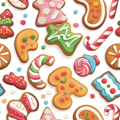 Poster - A seamless pattern of colorful Christmas cookies decorated with various icing designs, candy canes, and sprinkles. The cookies feature traditional shapes, like stars, trees, and gingerbread men, creat