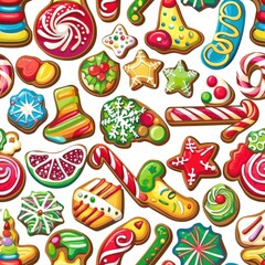 Poster - An illustration featuring a seamless pattern of colorful gingerbread cookies and candy canes. The cookies are decorated with various festive designs, including stars, snowflakes, candy canes, and holl