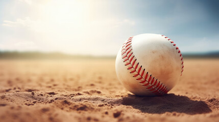 Baseball sport equipment background banner - Closeup of baseball on matchfield, Generative AI