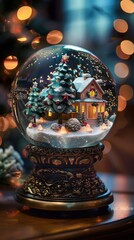 Poster - A close-up shot of a detailed snow globe featuring a miniature house with a lit window and a decorated Christmas tree. The snow globe is illuminated by warm, blurred lights in the background, creating