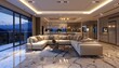 © Robina - Open modern luxury home interior living room and kitchen with balcony, showcasing marble floor and a luxurious cream-colored couch, with contemporary lighting.
