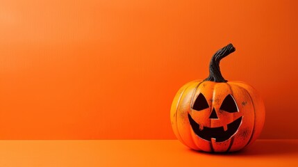 Poster - A carved jack-o-lantern pumpkin with a wide, toothy grin sits on an orange background. The pumpkin is the central focus of the image, with a simple and minimal background.