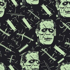 Poster - This image features a seamless pattern on a black background with green Frankenstein monster heads and surgical tools. The monster heads have stitched scars and serious expressions. The surgical tools