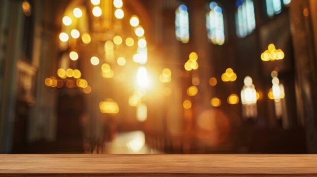 Empty table in church interior background. Wooden table top with blurred church interior in background. Ideal for product placement, religious events, or spiritual themes.