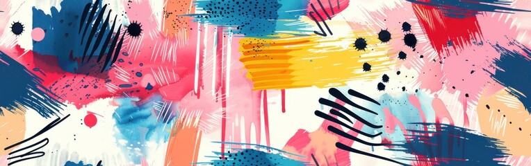 Aufkleber - A vibrant abstract watercolor painting featuring splashes of pink, blue, yellow, and red colors on a white background. The painting is full of energy and movement, with bold brushstrokes and drips of 