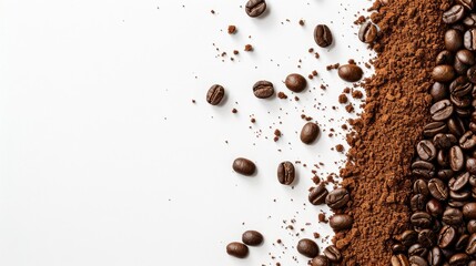 Wall Mural - Coffee beans and ground coffee on white background with space for text Top view