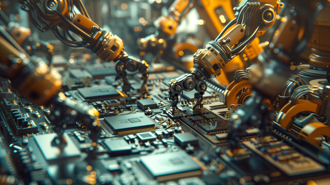 Robotic arms assembling circuit boards in an electronics factory