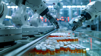 Wall Mural - Robotic arms packaging pharmaceutical products in a pharmaceutical factory