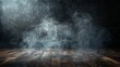 © JP STUDIO LAB - An unadorned room with a smooth brown wooden floor, light white smoke wafting gently in front of an imposing black wall, suggesting mystery and elegance