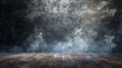 © JP STUDIO LAB - An unadorned room with a smooth brown wooden floor, light white smoke wafting gently in front of an imposing black wall, suggesting mystery and elegance