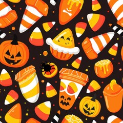 Poster - A colorful, illustrated pattern featuring various Halloween candy, pumpkins, and a spider. The background is black with small orange and white dots. This pattern is ideal for creating festive Hallowee