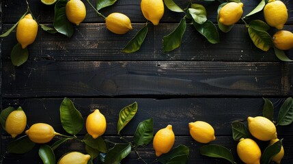 Wall Mural - Fresh lemons arranged on dark wood table