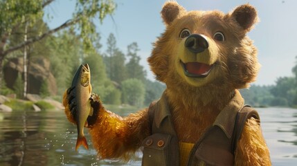 Happy bear fishing, catch of the day. A cheerful cartoon bear proudly displays his catch of the day, a fresh fish, in a serene river setting.