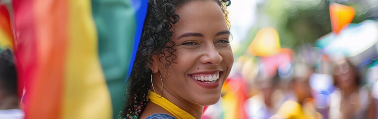 Poster - A woman is smiling and holding a rainbow flag. Concept of joy and celebration