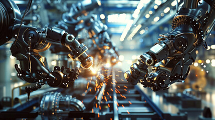 Wall Mural - Robotic arms welding pipes in a pipeline manufacturing facility