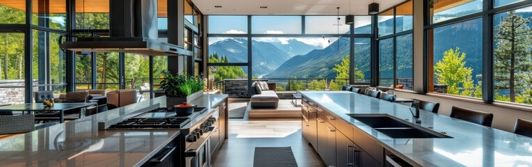 Poster - A large kitchen with a view of mountains. The kitchen is very clean and well-organized. There are several chairs and a dining table in the room