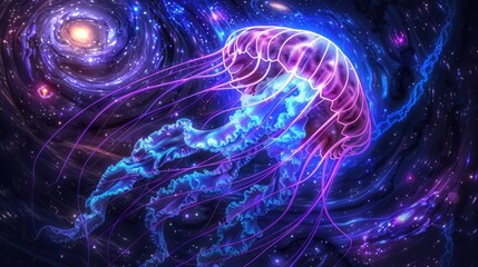 Wall Mural - A neon sign of a cosmic jellyfish, its tendrils aglow in shades of purple and blue against a backdrop of swirling galaxies.