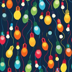 Poster - This image features a seamless pattern of colorful light bulbs hanging from strings against a dark blue background. The bulbs are arranged in a random pattern, with some hanging straight down and othe