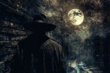 Wall Mural - A mysterious figure in a wide-brimmed hat, disappearing into the shadows of a moonlit alley.