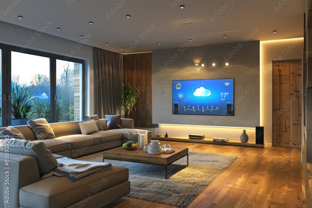 A modern living room with a smart home hub seamlessly integrated into ...