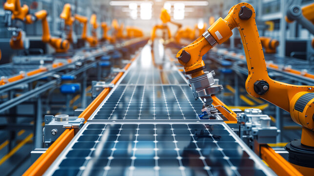 Robotic machinery assembling solar panels in a solar panel manufacturing plant