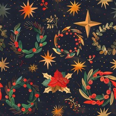 Poster - A seamless pattern featuring golden stars, wreaths with red berries, and poinsettia flowers on a dark blue background. The design is perfect for holiday decorations, wrapping paper, and other festive 