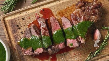 Poster - freshly grilled sliced steak with green parsley sauce