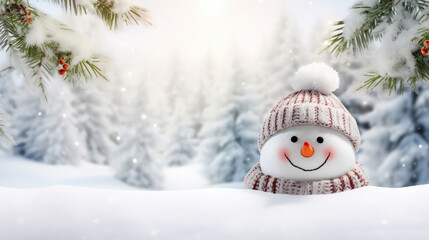 Wall Mural - Winter holiday christmas background banner - Closeup of cute funny laughing snowman with wool hat and scarf, on snowy snow snowscape landscape in the forest with fir trees, Generative AI