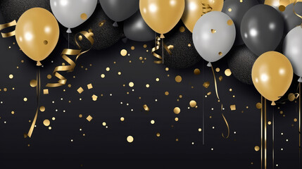 Celebration festive birthday wedding party banner illustration greeting card - Gold white and black balloons and golden glitter confetti, isolated on black background, Generative AI