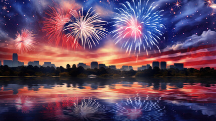 USA america united states new year or Independence Day 4th of July celebration holiday background banner panorama greeting card - Firework landscape, sky and reflection in the lake, Generative AI