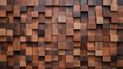 Wall Mural - Abstract block stack wooden 3d squares and rectangles cubes on the wall for background banner panorama - Brown wood texture for backdrop or wallpaper, Generative AI