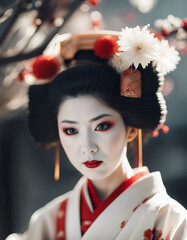 Wall Mural - portrait of a geisha in traditional dress, isolated white background