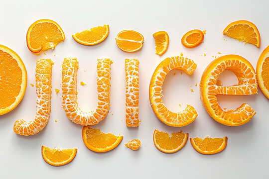 Juice lettering on white background, natural fresh orange juicy font with orange tree leaves, summertime healthy concept	
