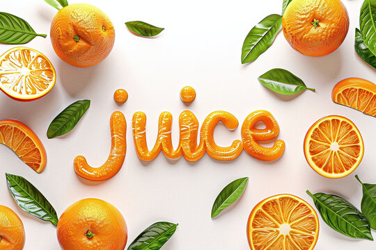 Juice lettering on white background, natural fresh orange juicy font with orange tree leaves, summertime healthy concept	