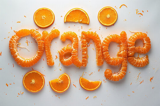 Orange lettering on white background, natural fresh orange font, summertime healthy concept	