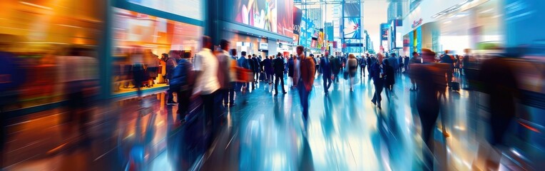 A busy city street with people walking and carrying luggage. Concept of movement and activity, as well as the hustle and bustle of urban life