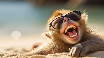Funny animal summer holiday vacation photography banner background - Closeup of smiling laughing monkey with sunglasses, chilling relaxing at the tropical ocean beach, Generative AI