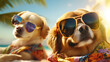 © Fang - Funny animal pet dog summer holiday vacation photography banner background - Closeup of dogs with sunglasses, chilling relaxing at the tropical ocean beach, Generative AI