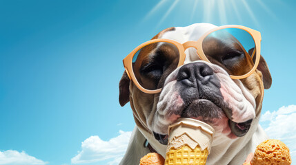 Wall Mural - Funny animal pet summer holiday vacation photography banner - Closeup of bulldog dog with sunglasses, eating ice cream in cone, blue sky with sunshine in background, Generative AI