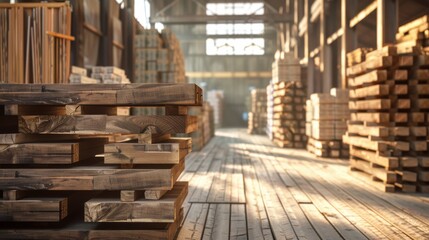 Aufkleber - A warehouse full of wood pallets stacked on top of each other. Scene is one of productivity and hard work