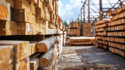 Aufkleber - A pile of wood is stacked in a warehouse. The wood is in various sizes and shapes, and it is freshly cut. The warehouse is filled with the scent of sawdust, and the atmosphere is one of hard work