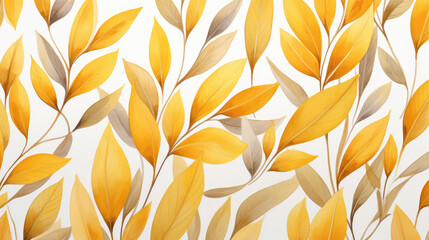 Abstract floral organic plant watercolor painting drawing leaf illustration wallpaper background - Autumnal yellow orange leaves, Generative AI