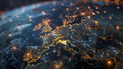 Aufkleber - This image shows a nighttime view of Europe with cities illuminated by lights. Connected lines show the flow of communication and transportation between cities, creating a network across the continent