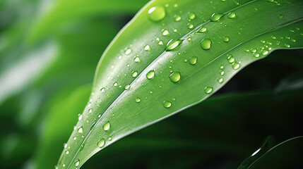 closeup of fresh green leaves with dew water drop in the morning - plant leaf background banner pano