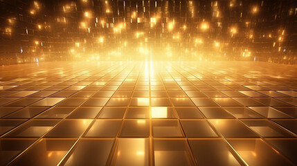 Wall Mural - Abstract geometric technology metallic gold 3d room texture floor with squares and square cubes background banner illustration with glowing lights, textured metal wallpaper, Generative AI