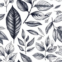 Aufkleber - This image features a seamless pattern of hand-drawn leaves in black and white. The leaves are depicted in a realistic style, with intricate details and textures. The pattern is perfect for use in a v