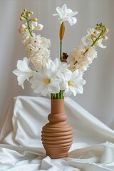 Wall Mural - A brown vase with white flowers on a white cloth.