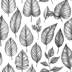 Poster - This image features a seamless pattern of intricately detailed black and white leaves. The leaves are drawn in a realistic style, with visible veins and textures. The image is perfect for use in desig