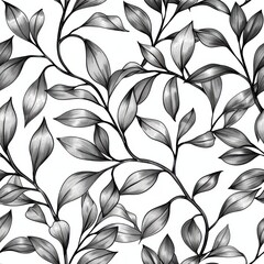 Poster - A seamless pattern featuring intricately drawn black and white foliage. Delicate branches intertwine, showcasing a variety of leaf shapes and sizes. The pattern is perfect for adding a touch of elegan