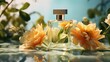 © komgritch - a summer fragrance, highlighting a translucent perfume bottle with a backdrop of tropical flowers